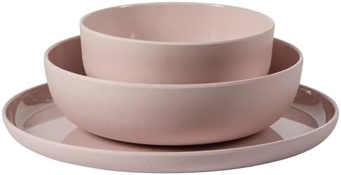Gibson Home Candy Skies 12 Piece Unbreakable Wheat Straw Melamine Plates and Bowls Dinnerware Set - Outdoor, Camping, & Everyday Use - Matte Exterior/Shiny Interior Pink