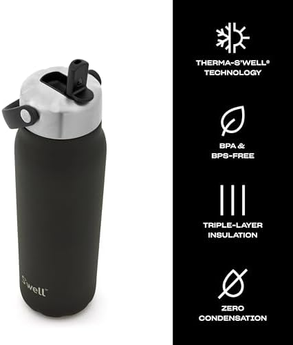 S'well Recycled Stainless Steel Explorer with Flip Straw Lid and Handle, 40oz, Onyx, Triple Layered Vacuum Insulated Containers Keeps Drinks Cold for 54 Hours and Hot for 12