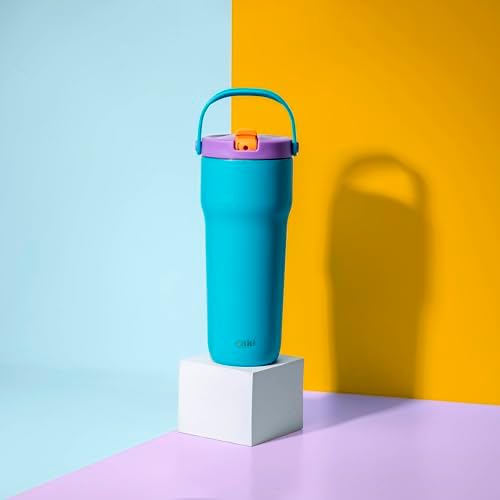 Zak Designs Sutton Travel Tumbler for On the Go, 30oz Stainless Steel with Vacuum Insulation, Straw Spout, Carry Handle for Cold Drinks (Turquoise)