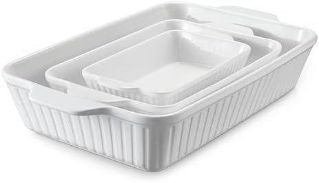 DOWAN Casserole Dishes for Oven, Baking Dishes Set, Ceramic Bakeware Sets of 3, Lasagna Pan Deep, Rectangular Baking Pan Set with Handles for Baking, Casserole, Kitchen, Wedding Gift, Soft White (15.6''/12.2''/8.9'')