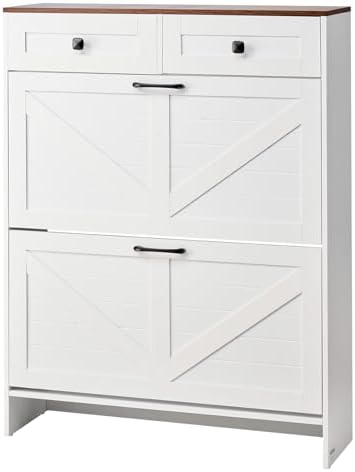 VEVOR Shoe Cabinet with 2 Flip Drawers, Farmhouse Shoes Storage Cabinet with 2 Drawers and Anti-Tipping Device, Freestanding Shoe Organizer Ideal for Entryway, Hallway, Bedroom, Living Room, White