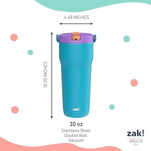 Zak Designs Sutton Travel Tumbler for On the Go, 30oz Stainless Steel with Vacuum Insulation, Straw Spout, Carry Handle for Cold Drinks (Turquoise)