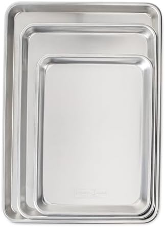 Nordic Ware Naturals 3 Piece Set - USA Made Aluminum Commercial Quality Sheet Pan for Baking or Roasting, Encapsulated Galvanized Steel Rim Prevents Warping; Half Sheet, Jelly Roll and Quarter Sheet