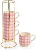 Paris Hilton Stackable Coffee Mug Set with Gold-Tone Rack, Gingham Ceramic Stoneware Cups for Coffee, Tea & Latte, Microwave & Dishwasher Safe, 4-Piece, 10-Ounce, Pink