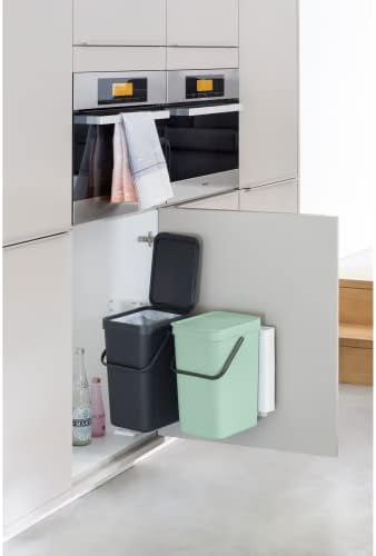 Brabantia Sort & Go Built-in Cupboard Recycling Cans (2 x 3.2 Gal/Dark Gray & Jade Green) Double Door Mounted Trash Organisers with Handles & Removable Lids