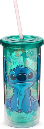 Silver Buffalo Disney Lilo and Stitch Tropical Pattern Plastic Tall Cold Cup with Lid and Straw, 20 Ounces (Pack of 12)