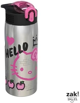Zak Designs Sanrio Water Bottle for Travel and At Home, 19 oz Vacuum Insulated Stainless Steel with Locking Spout Cover, Built-In Carrying Loop, Leak-Proof Design (Hello Kitty)