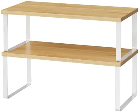 OGEMXU Cabinet Shelf Organizers, 15.7 inches Large Kitchen Counter Shelf, Set of 2 Wood Kitchen Pantry Organizer, Storage Shelves for Countertop, Spice Rack, Stackable, Expandable, Metal White, Nature