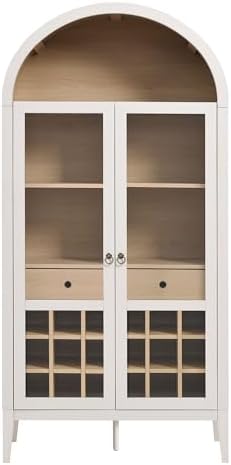 Modway Nolan Modern Farmhouse Arched Bar Cabinet in Ivory Wood Grain - 72 Inch Tall Wine Storage Cabinet with Glass Doors and Wine Rack - Large Liquor Cabinet for Dining or Living Room