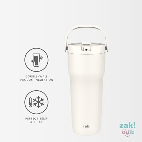 Zak Designs Sutton Travel Tumbler for On the Go, 30oz Stainless Steel with Vacuum Insulation, Straw Spout, Carry Handle for Cold Drinks (Vanilla Yellow)