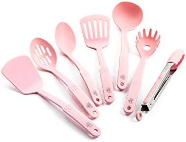 GreenLife Cooking Tools and Utensils, 7 Piece Nylon Set including Spatulas Turner Spoons and Tongs, Heat Resistant Spatula and Spoons, BPA-Free, Pink