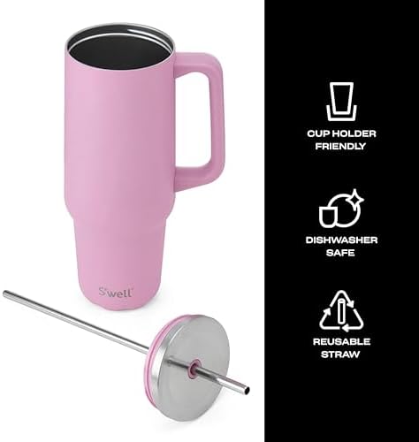 S'well Recycled Stainless Steel Tumbler XL with Straw and Handle, 40oz, Hydrangea Pink, Triple Layered Vacuum Insulated Containers Keeps Drinks Cold for 50 hours and Hot for 10