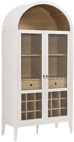Modway Nolan Modern Farmhouse Arched Bar Cabinet in Ivory Wood Grain - 72 Inch Tall Wine Storage Cabinet with Glass Doors and Wine Rack - Large Liquor Cabinet for Dining or Living Room