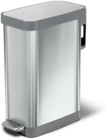 Glad Slim Trash Can with Clorox Odor Protection - Narrow Kitchen Garbage Bin with Soft Close Lid, Step On Foot Pedal and Waste Bag Roll Holder, All Stainless, 12 Gallon/45 Liter