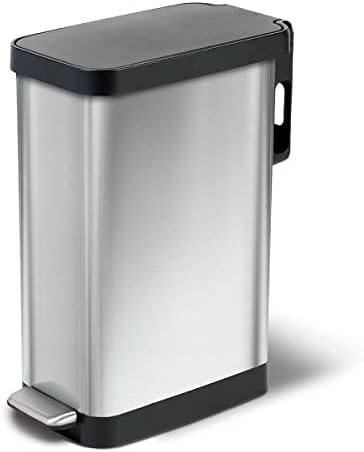 Glad Slim Trash Can with Clorox Odor Protection - Narrow Kitchen Garbage Bin with Soft Close Lid, Step On Foot Pedal and Waste Bag Roll Holder, Stainless Steel, 12 Gallon/45 Liter