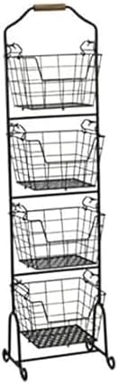 Mikasa Gourmet Basics Ferme 4-Tier Market Basket - Antique Black Wire and Acacia Wood Handle, Kitchen Fruit Vegetable Storage Organizer, 13.5 x 11.5 x 51 Inches