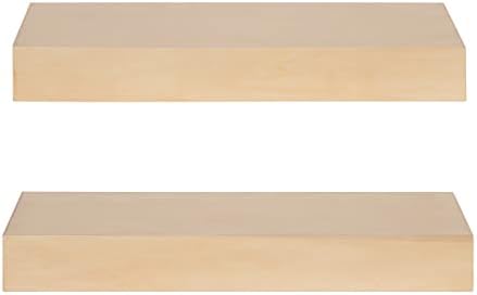 Kate and Laurel Havlock Modern Natural Floating Shelves; Set of 2; 18 x 8; Natural Wood; Mid-Century Bathroom and Kitchen Shelves for Storage and Display Decor