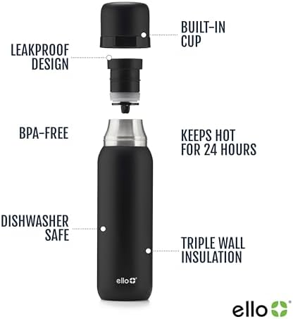 Ello Therma 32oz Insulated Stainless Steel Thermos with Cup Lid, Black