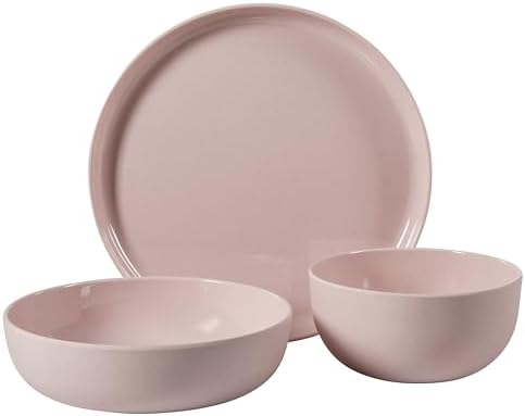 Gibson Home Candy Skies 12 Piece Unbreakable Wheat Straw Melamine Plates and Bowls Dinnerware Set - Outdoor, Camping, & Everyday Use - Matte Exterior/Shiny Interior Pink