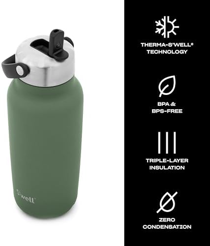 S'well Recycled Stainless Steel Explorer with Flip Straw Lid, 32oz, Green Jasper, Triple Layered Vacuum Insulated Containers Keeps Drinks Cold for 42 Hours and Hot for 10