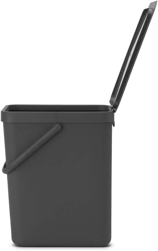 Brabantia Sort & Go Kitchen Recycling Bin | M / 6.6 Gal / 25L | Dark Gray | Removable Stay-Open Lid, Carry Handle | Trash Can for Bottles, Cans, Paper, Glass | Wall-Mounting Bracket Sold Separately