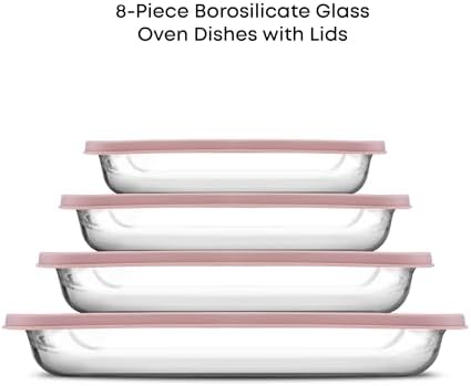 JoyJolt 8-Piece Borosilicate Glass Oven Dishes with Blushy Pink Lids, Rectangle Deep Glass Baking Dish Set, Baking Pans for Lasagna Casserole Cake, Bakeware Set, Freezer to Oven Tray to Dishwasher