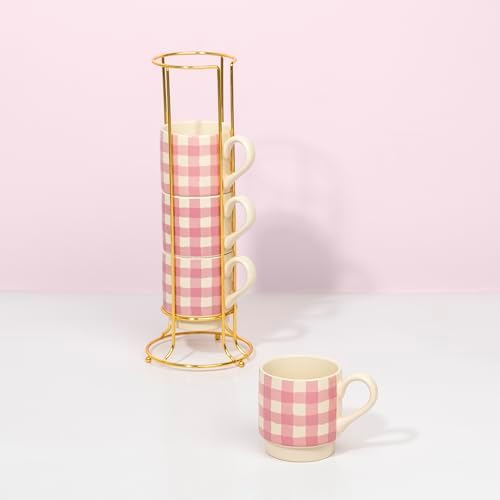 Paris Hilton Stackable Coffee Mug Set with Gold-Tone Rack, Gingham Ceramic Stoneware Cups for Coffee, Tea & Latte, Microwave & Dishwasher Safe, 4-Piece, 10-Ounce, Pink