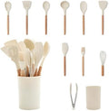 GreenLife 11 Piece Silicone Utensil Crock Set, Nonstick Kitchen Tools, Ladle, Turner, Slotted Turner, Spatula, Spoon, Spaghetti Server, Brush, Whisk, Tongs, Crock, Cream White