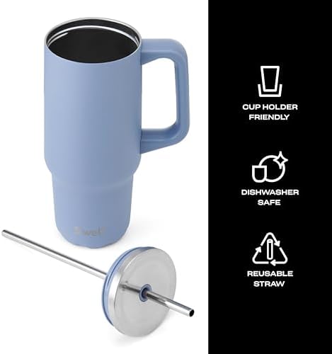 S'well Recycled Stainless Steel Tumbler XL with Straw and Handle, 30oz, Hydrangea Blue, Triple Layered Vacuum Insulated Containers Keeps Drinks Cold for 36 hours and Hot for 9