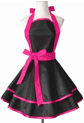 Violet Mist Retro Aprons for Women - Sexy Vintage Black Rose Pink 50s Apron for Halloween, Christmas, Cooking, Kitchen, Housewife, Waitress, Mother's Gift
