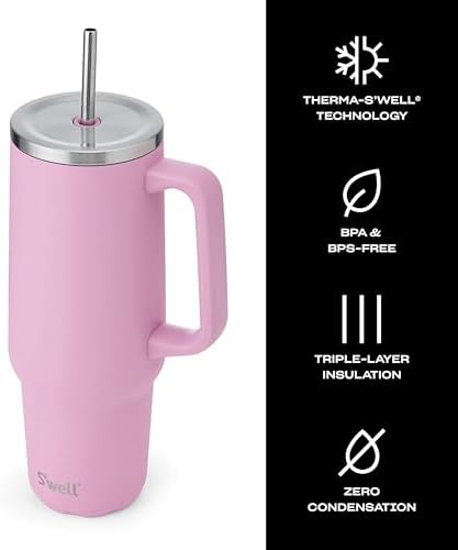S'well Recycled Stainless Steel Tumbler XL with Straw and Handle, 40oz, Hydrangea Pink, Triple Layered Vacuum Insulated Containers Keeps Drinks Cold for 50 hours and Hot for 10