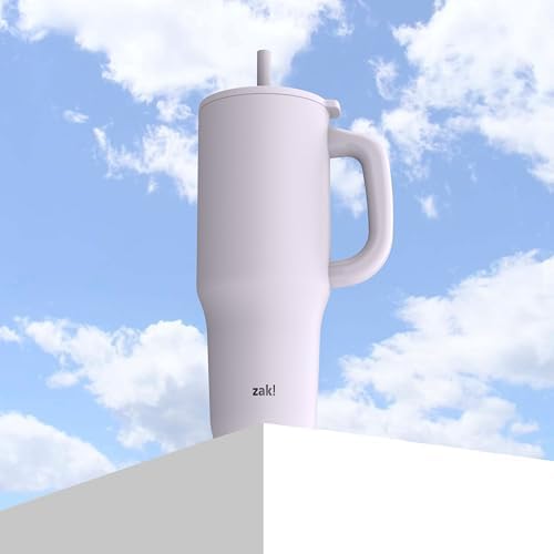 Zak Designs Sutton Travel Tumbler for On the Go, 40oz Stainless Steel with Vacuum Insulation, Silicone Straw, and Carry Handle for Cold Drinks (Smoky Lilac Purple)