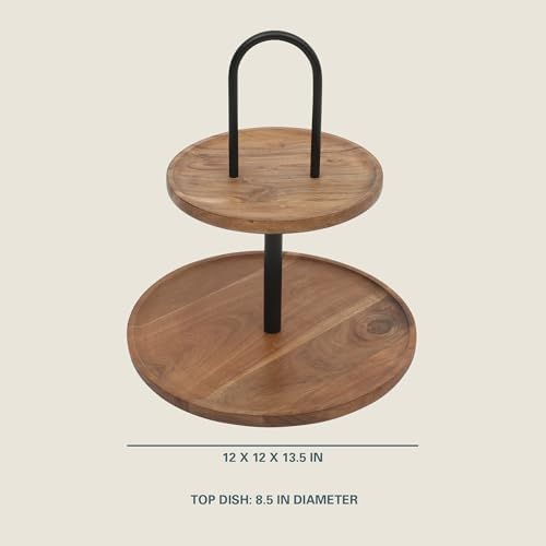 Gibson Home Gracious Dining 2-Tier Round Acacia Wood Serving Tray – Rustic Charcuterie Board Stand with Black Iron Handle – Tiered Party Platter, Dessert Display or Lazy Susan for Entertaining