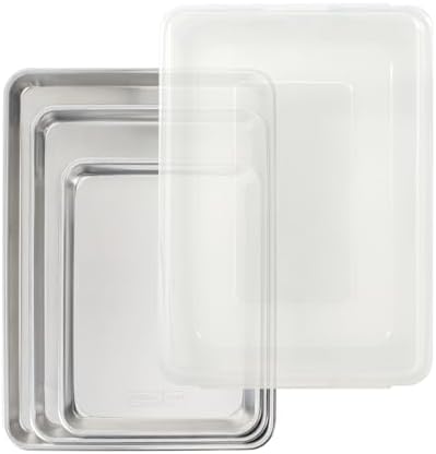 Nordic Ware Naturals 4 Piece Set - USA Made Aluminum Commercial Quality Pans for Baking or Roasting, Encapsulated Galvanized Steel Rim Prevents Warping; Quarter Sheet, Jelly Roll, Half Sheet with Lid