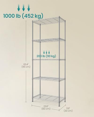 SONGMICS 5-Tier Storage Shelves, Adjustable Wire Shelving Unit, 8 Hooks