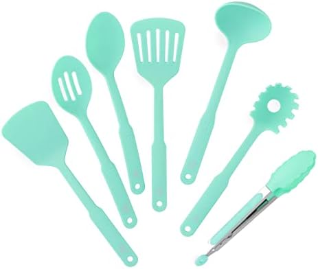 GreenLife Cooking Tools and Utensils, 7 Piece Nylon Set including Spatulas Turner Spoons and Tongs, Dishwasher Safe, Turquoise