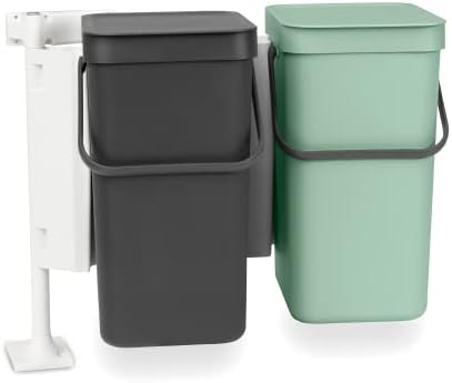 Brabantia Sort & Go Built-in Cupboard Recycling Cans (2 x 3.2 Gal/Dark Gray & Jade Green) Double Door Mounted Trash Organisers with Handles & Removable Lids