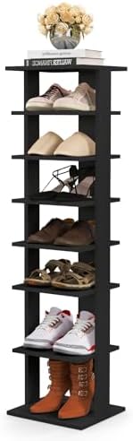 COSTWAY 8-Tier Vertical Shoe Rack, Tall Narrow Shoe Storage Organizer with Removable Shelf for Boots, Anti-Tipping Kit, Space-Saving Shoe Stand with for Small Place, Entryway (Black)