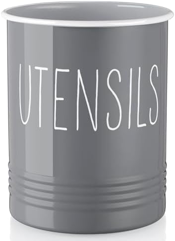 Bivvclaz Gray Kitchen Utensil Holder, 6.7" Utensil Holder for Counter, Cooking Utensil Crock with Cork Bottom, Modern Farmhouse Kitchen Decor, Countertop Utensil Storage Organizer Caddy