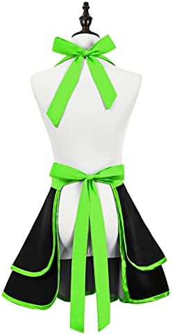 Violet Mist Cute Lovely Retro Aprons for Women Girls - Sexy Vintage Black & Green 50s Apron for Halloween, Christmas, Cooking, Kitchen - Ruffle Apron for Housewife, Waitress, Mother's Gift