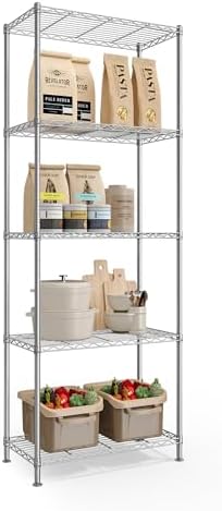 SONGMICS 5-Tier Storage Shelves, Adjustable Wire Shelving Unit, 8 Hooks