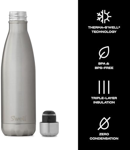 S'well Stainless Steel Water Bottle - 17 Fl Oz - Silver Lining - Triple-Layered Vacuum-Insulated Containers Keeps Drinks Cold for 36 Hours and Hot for 18 - BPA-Free - Perfect for the Go