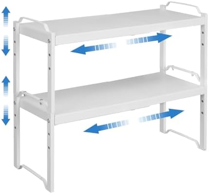 Set of 2 Expandable Kitchen Cabinet Shelves Organizers, Stackable Adjustable Small Storage Shelf Rack Stand For Pantry Cabinet Cupboard Kitchen Counter Organization, 22 lbs Capacity, Length:20.5"