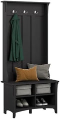 Bush Home Salinas Hall Tree with Shoe Storage Bench in Vintage Black, Multi-Purpose Home Organizer, Entryway Solution with Seating and Hooks