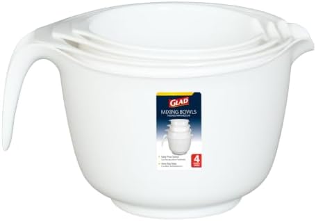 Glad Mixing Bowls with Pour Spout, Set of 4 - Nesting Plastic Bowls (1.2qt, 1.9qt, 2.8qt, and 3qt with Handle) - Non Slip Base, Dishwasher Safe Kitchen Cooking and Baking Supplies, Grey