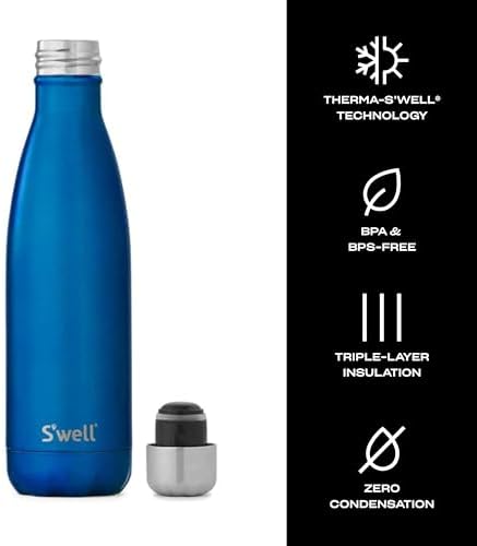 S'well Stainless Steel Water Bottle - 17 Fl Oz - Ocean Blue - Triple-Layered Vacuum-Insulated Containers Keeps Drinks Cold for 36 Hours and Hot for 18 - BPA-Free - Perfect for the Go