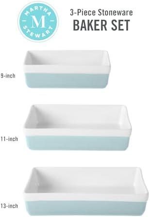 MARTHA STEWART 3-Piece Oven to Table Stoneware Bakeware Set – Baking Dish & Casserole Set – Dusty Blue – Durable Oven-Safe Bakeware for Baking and Serving