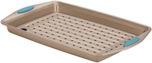 Rachael Ray Cucina Nonstick Bakeware Set with Grips, Nonstick Cookie Sheet / Baking Sheet and Crisper Pan - 2 Piece, Latte Brown with Agave Blue Handle Grips