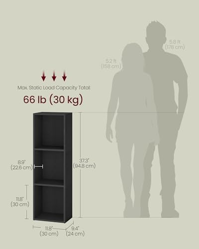 VASAGLE Bookshelf, 3-Tier Bookcase, 11.8 x 9.4 x 37.3 Inches