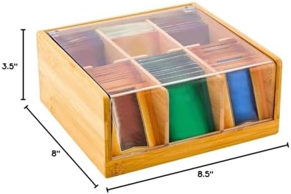 Restaurantware-8.5 x 8 x 3.5 Inch Tea Box Organizer, 1 Sustainable Tea Box Container - 6 Compartments, With Plastic Cover, Bamboo Tea Bag Organizer Storage Box, Durable, For Countertops And Cabinets